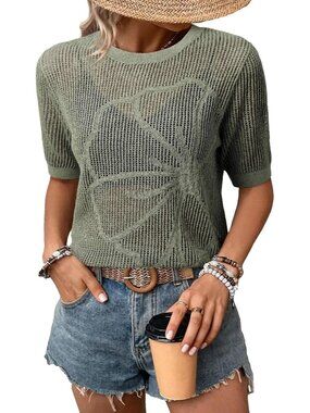 Women  Green Summer Short Hollow Out Floral Sweaters Beach Vacation Cruise Tops